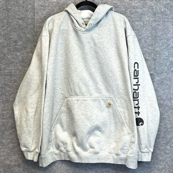 CARHARTT Men’s Hoodie Sweatshirt 3XL Heather Grey Logo Sleeve Loose Fit Pocket - Picture 1 of 14